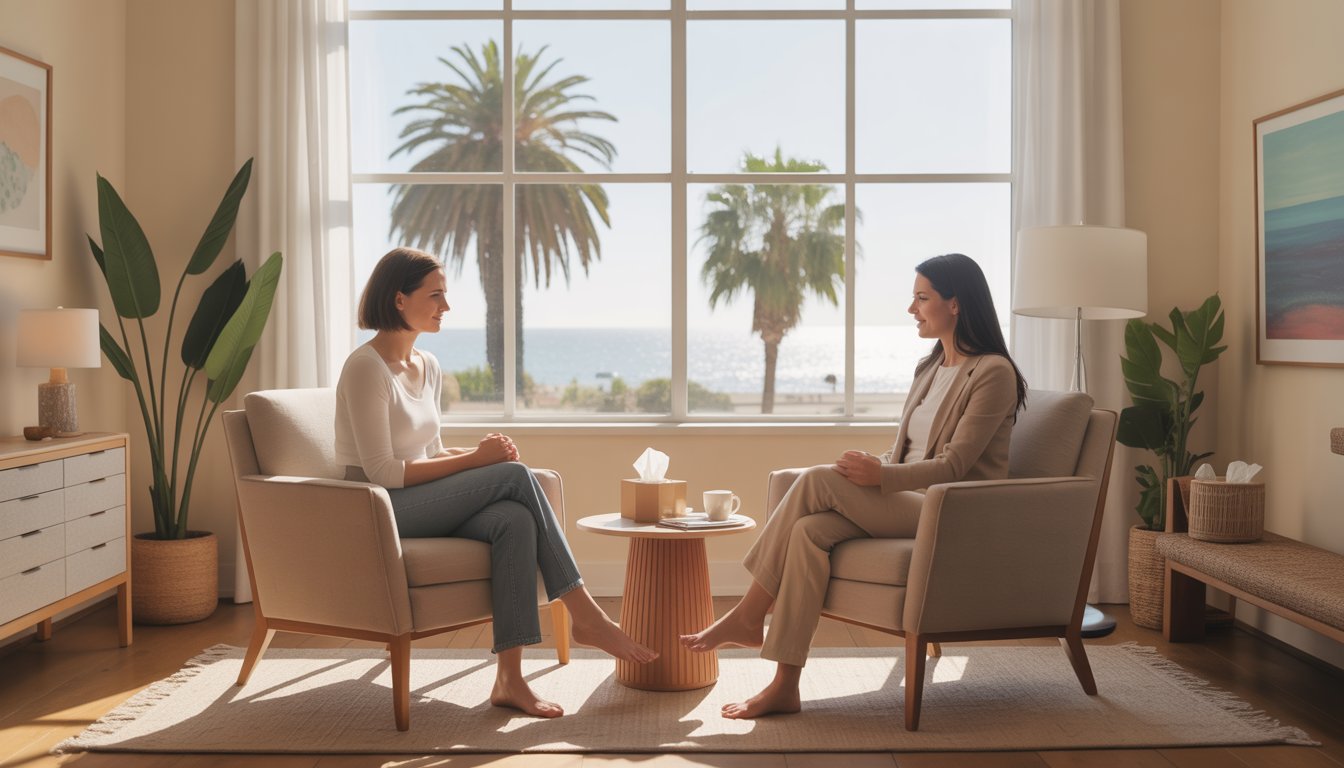 A therapist and a woman client having a supportive conversation in a bright office with a window showing palm trees and ocean.