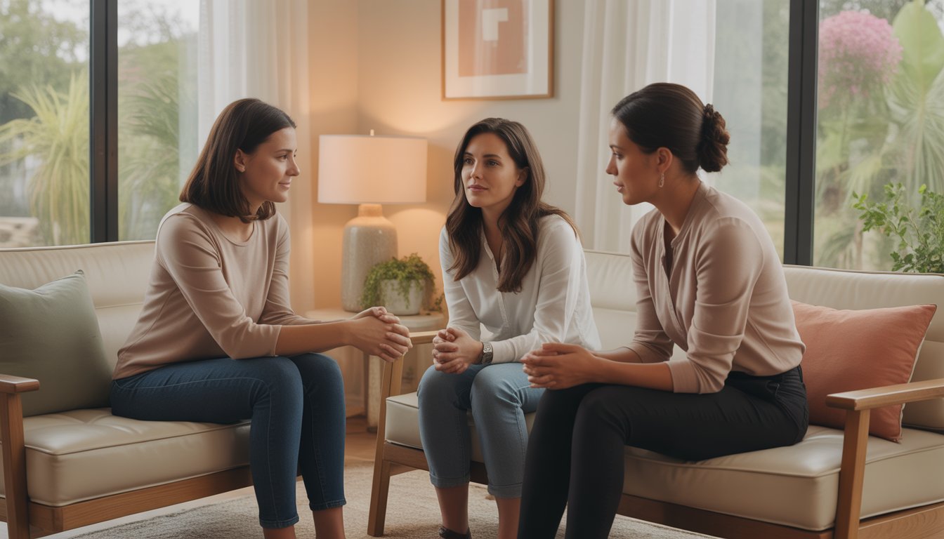 Two therapists talking with a female client in a calm, comfortable therapy office with natural light and plants.