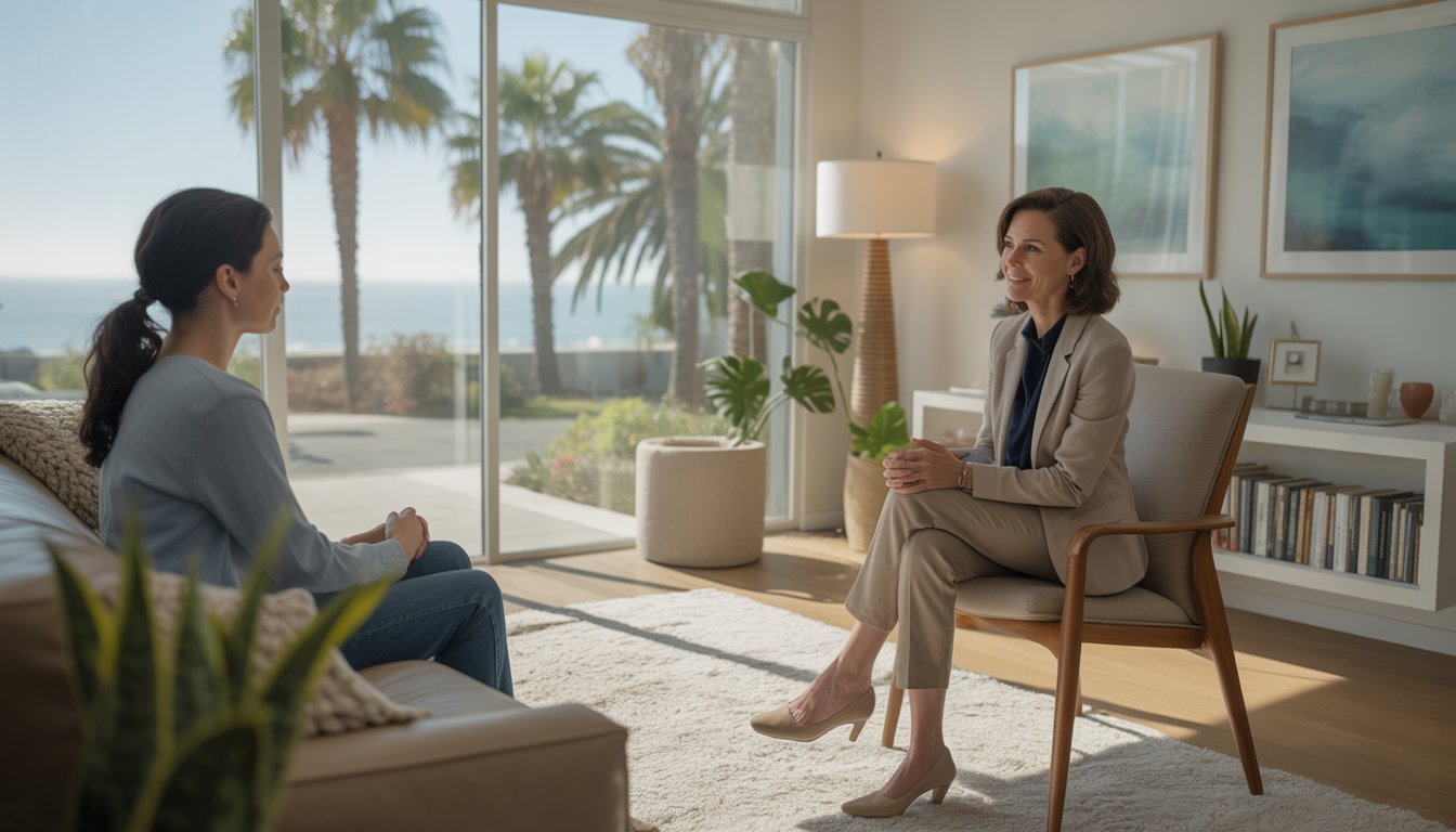 A therapist and a female client having a supportive conversation in a bright office with a view of palm trees and the ocean.