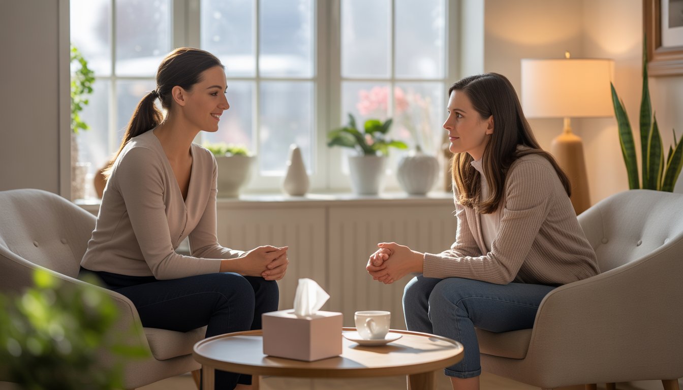 A female therapist and a woman having a supportive conversation in a bright, calming therapy office.