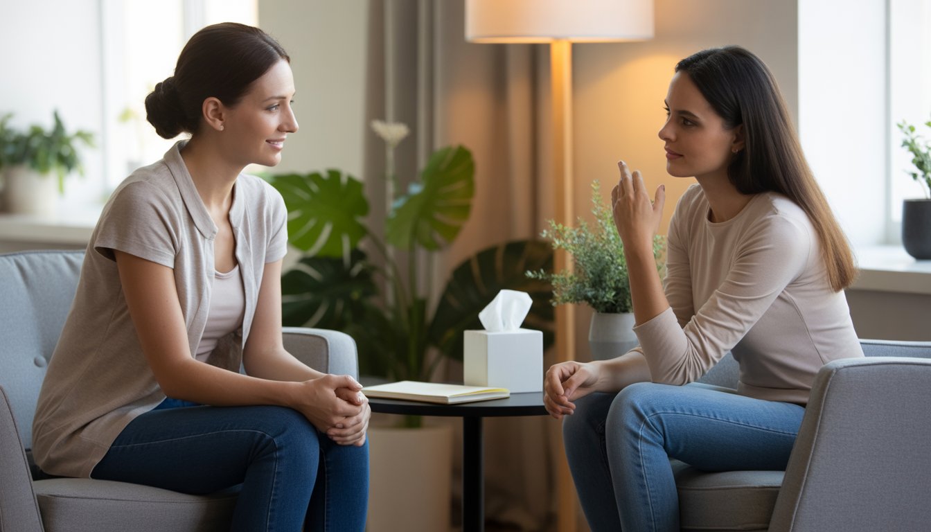 A therapist attentively listening to a woman during a counseling session in a calm and comfortable office.