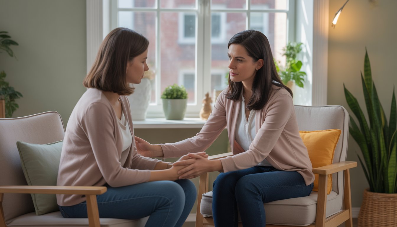 A female therapist comforting an emotional woman in a bright counseling office with plants and a window showing a city view.