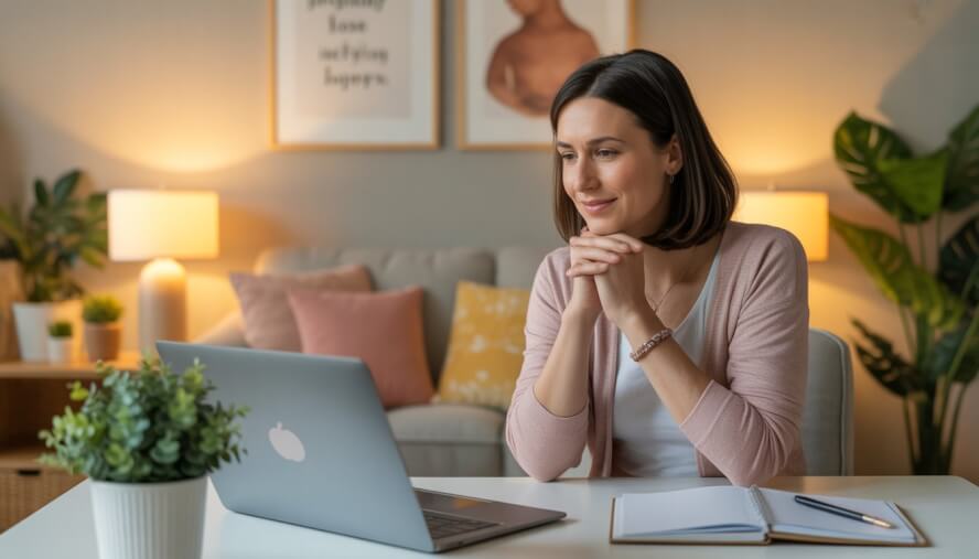 A female therapist in a cozy home office conducting an online video therapy session.