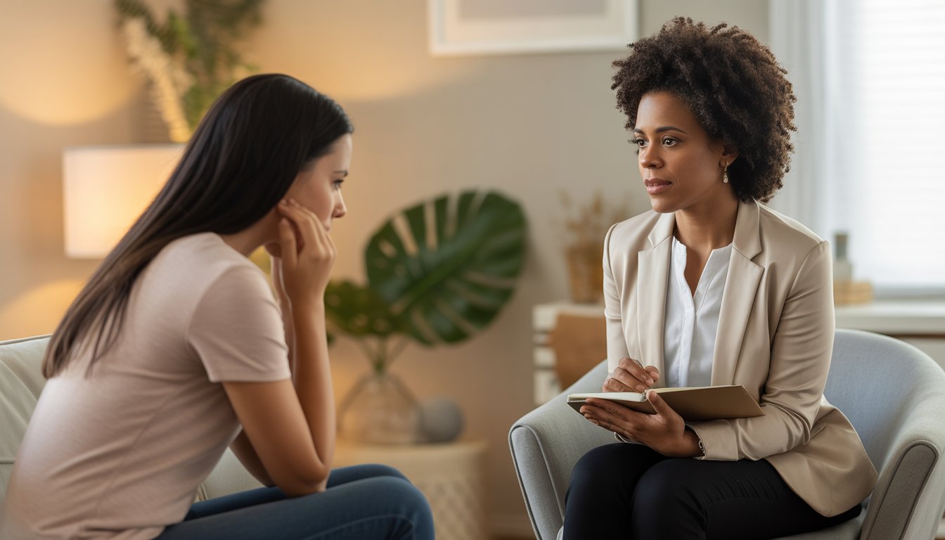 An African American female therapist comforting a woman in a calm therapy office during a counseling session.