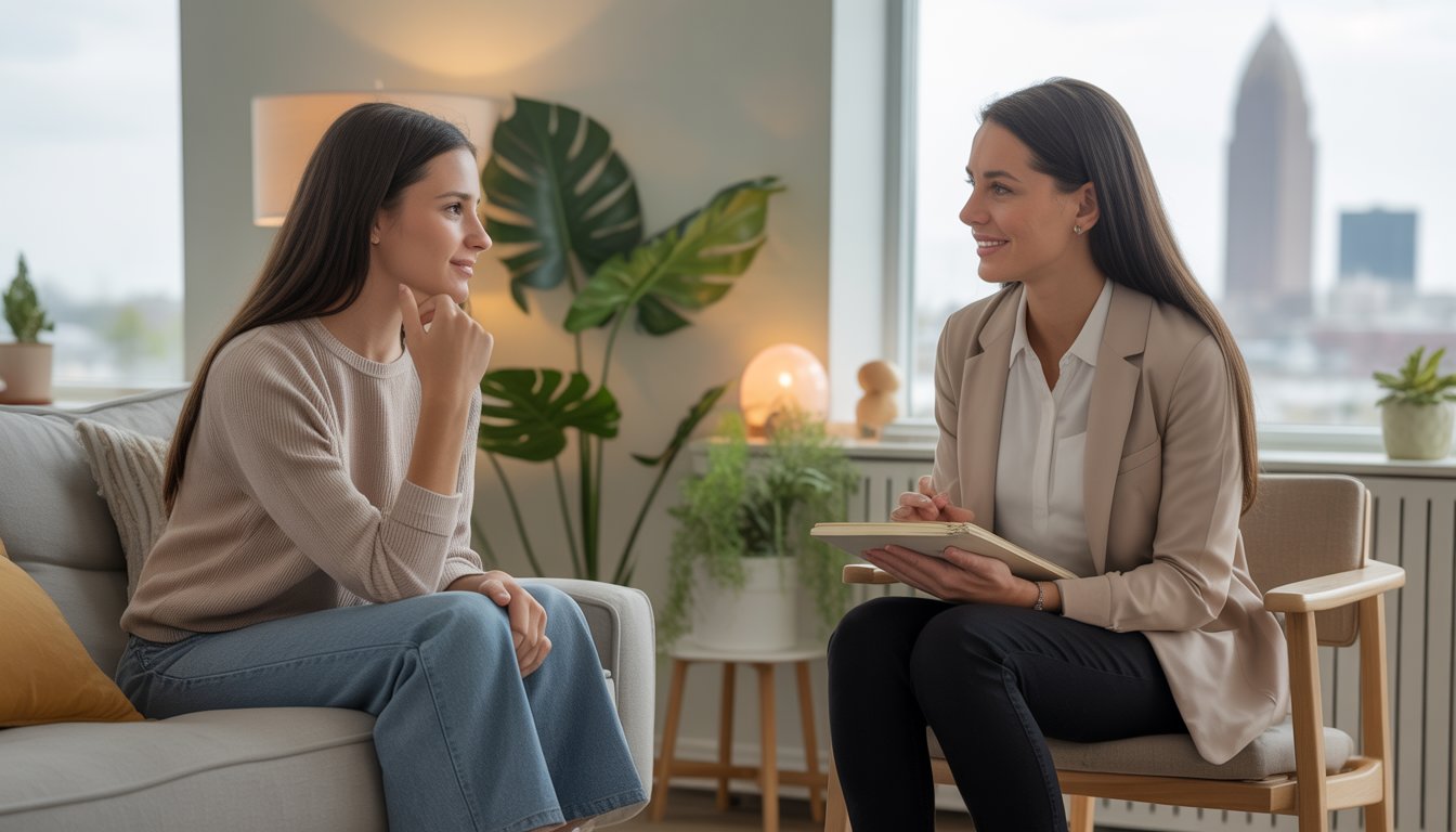 A female therapist attentively listening to a young woman in a calming therapy office with a window showing a city view.