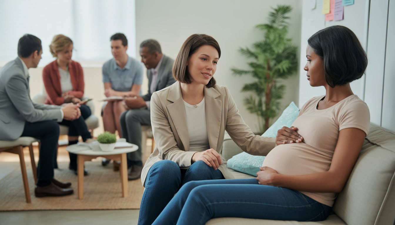Counselors providing individual and group therapy in a bright, welcoming office with a pregnant woman and a small group of people engaged in supportive conversation.