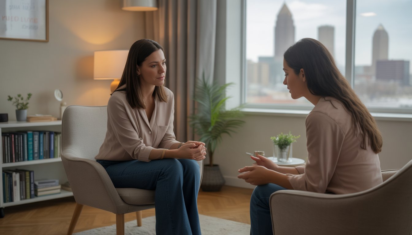 A therapist attentively listening to a young woman in a warm, comfortable office with a window showing a city view.
