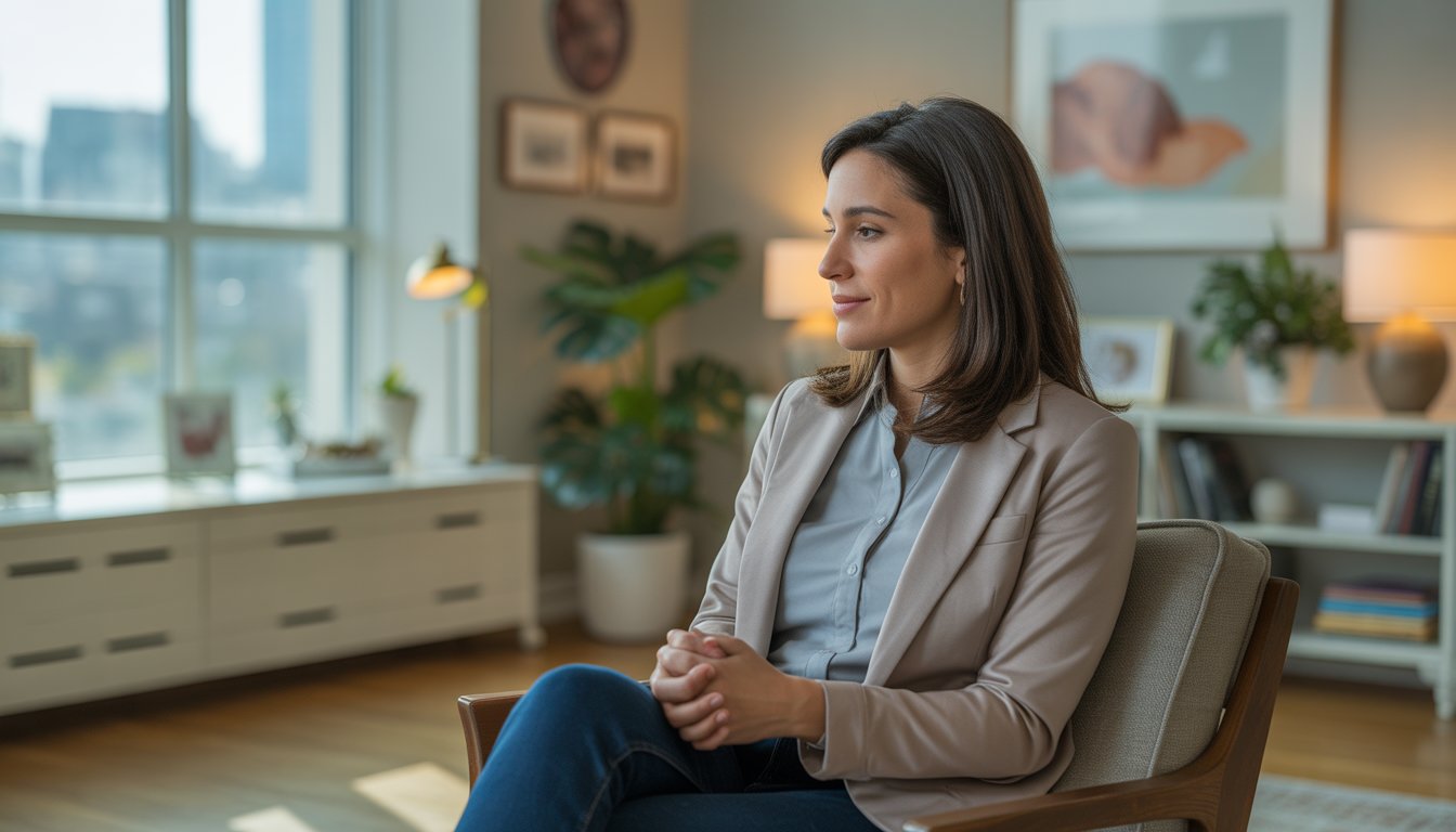 A licensed miscarriage therapist sitting in a comfortable therapy office with a warm and supportive atmosphere.