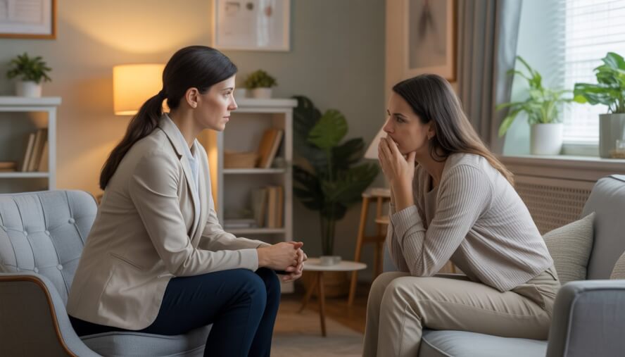A therapist comforting a woman in a calm therapy office, showing emotional support during a difficult time.