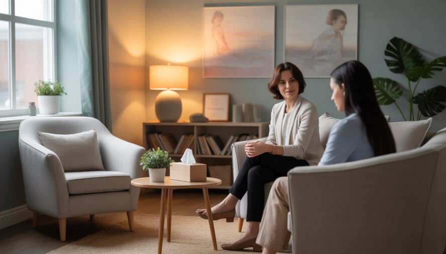 A therapist attentively listening to a young woman in a calm and comfortable therapy room with soft natural light and plants.