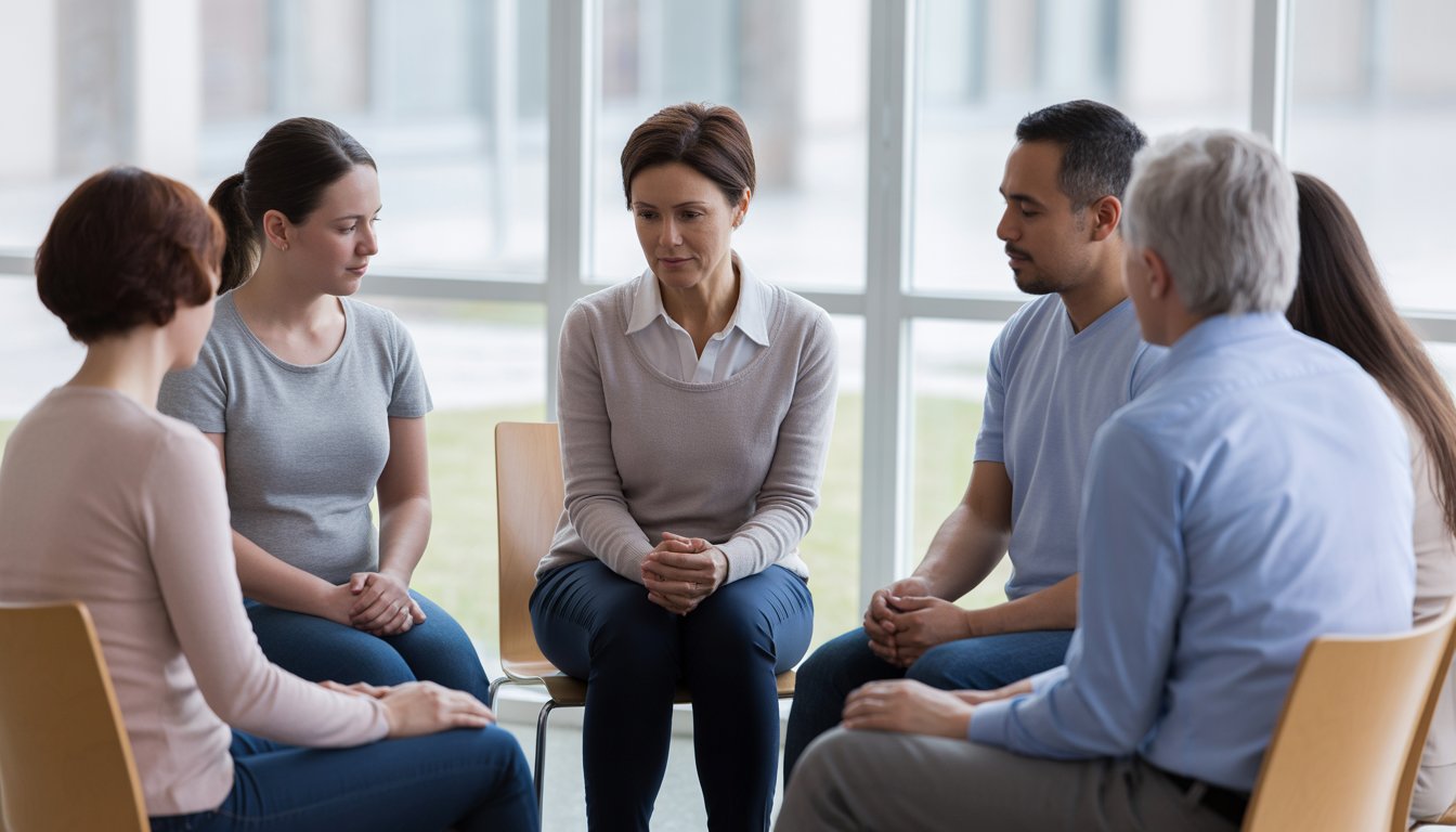 A therapist and a group of parents sit in a circle in a bright hospital therapy room, engaged in a supportive discussion.