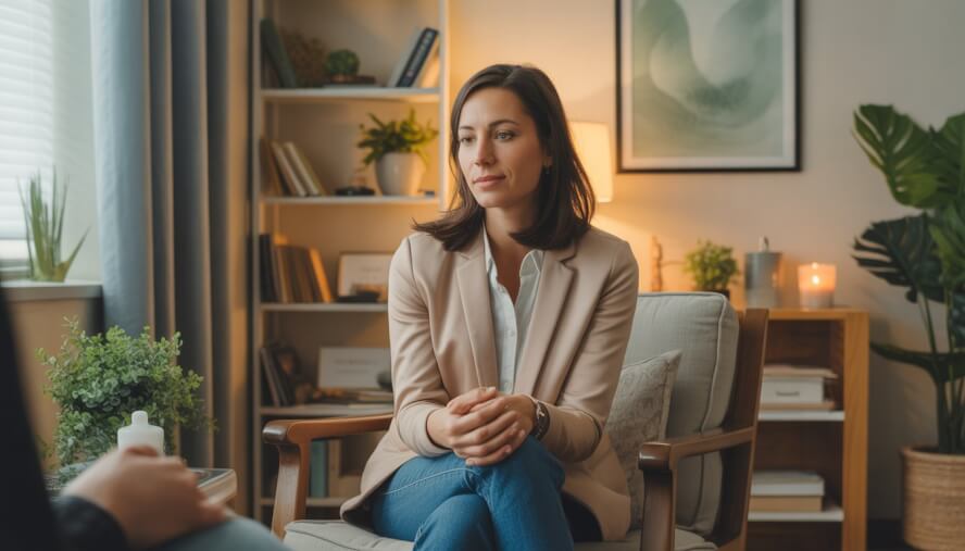 A female therapist sitting in a comfortable office, attentively listening and smiling warmly.
