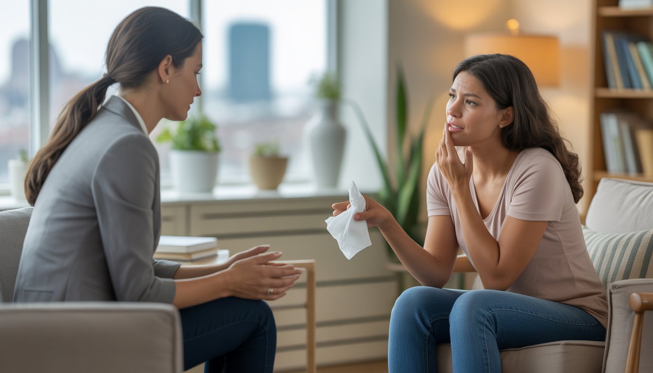 A female therapist attentively listening to a woman in a cozy therapy office with a window showing a city view.