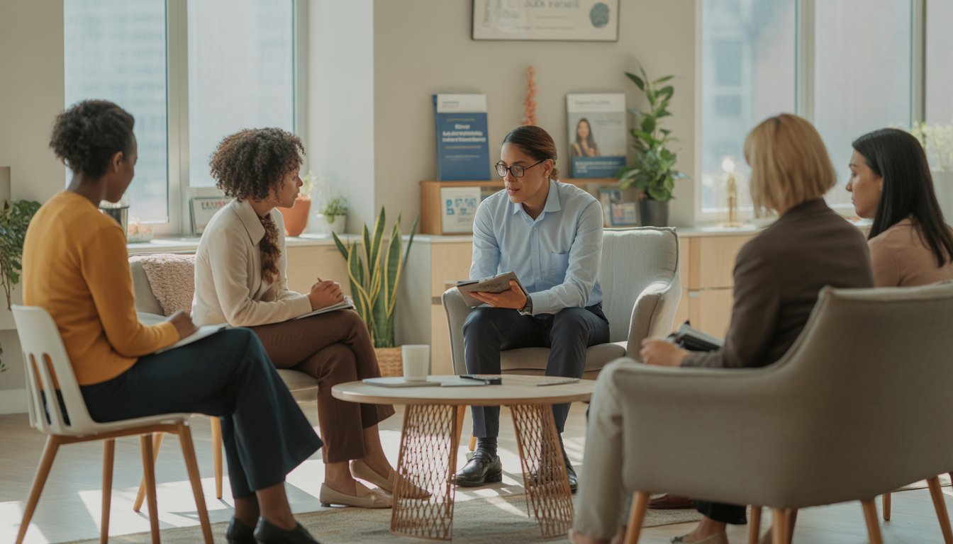 A counselor attentively listening to a client in a bright office with comfortable seating and calming decor.