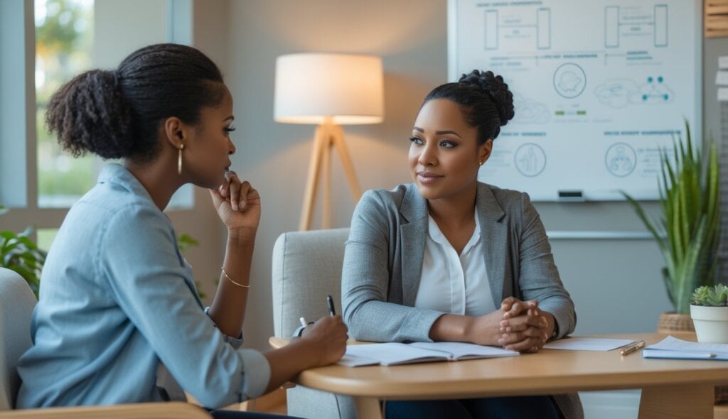 Counselor having a session with client in an office setting