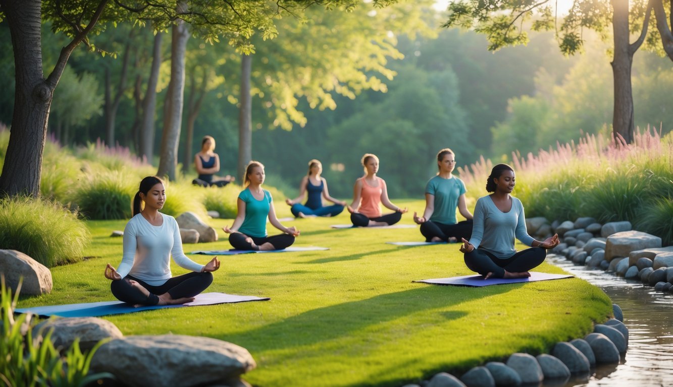 People practicing yoga, meditation, journaling, and walking on a peaceful nature path surrounded by trees and greenery.