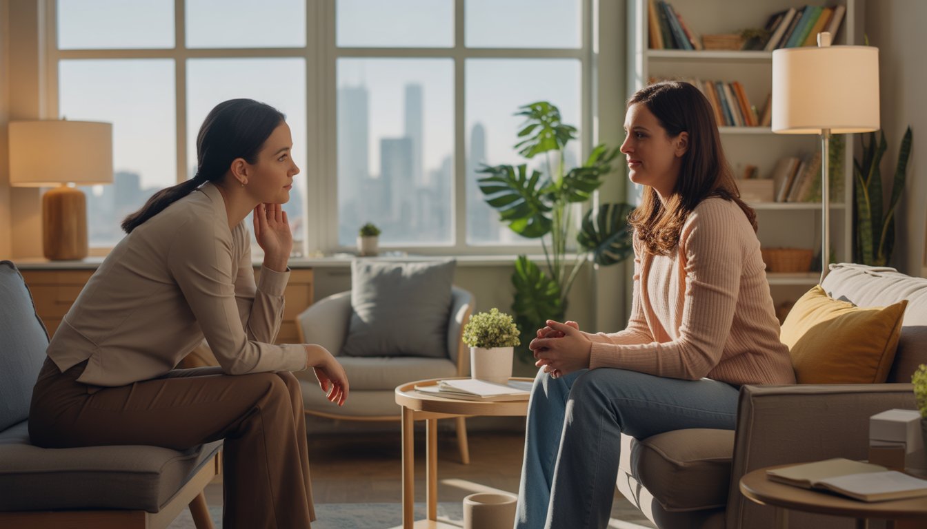 A female therapist attentively listening to a woman in a counseling office with a window showing Chicago skyline.