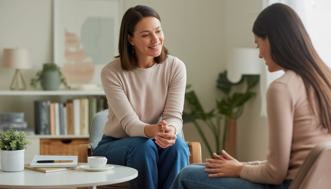 A female therapist attentively listening to a woman client in a bright, comfortable counseling office.