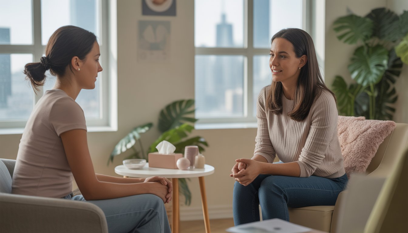 A female therapist talks compassionately with a woman in a bright, comfortable office with large windows showing a city view.