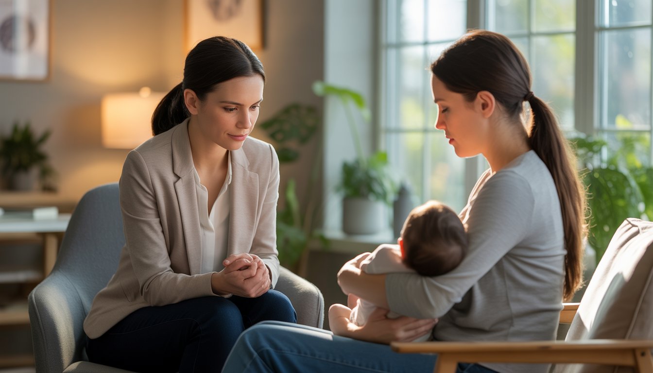 A female therapist talking supportively with a young mother holding her baby in a bright, comfortable counseling room.