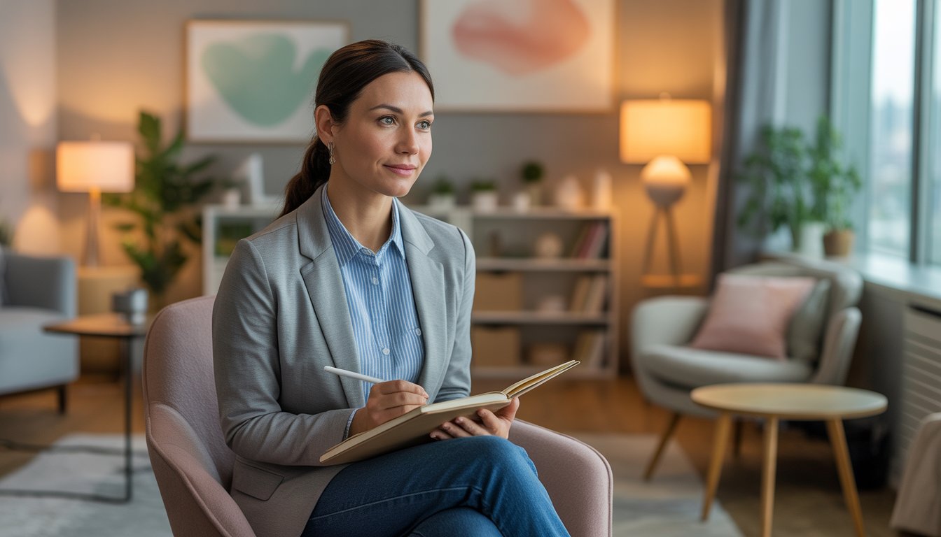 A female therapist sitting in a comfortable office with warm lighting, holding a notebook, with a cityscape visible through a window behind her.