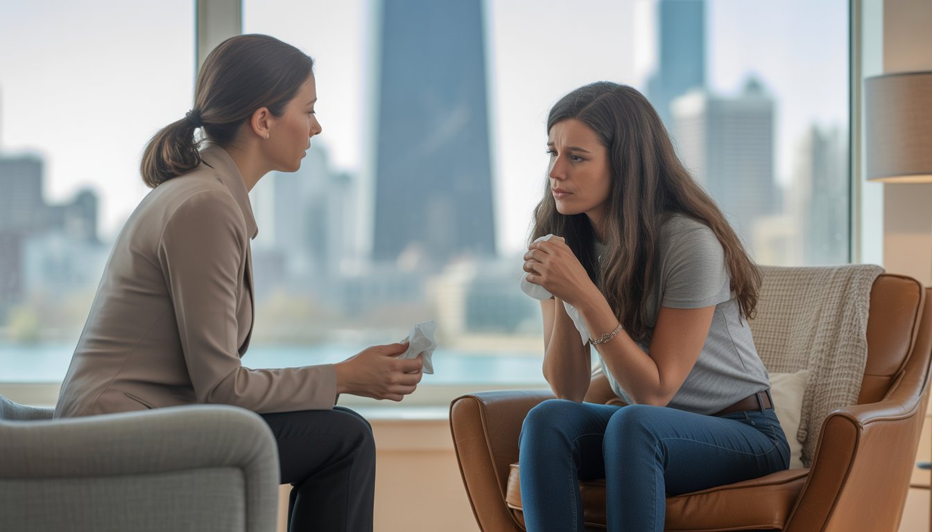 A therapist attentively speaking with a woman in a therapy office with a window showing a cityscape in the background.