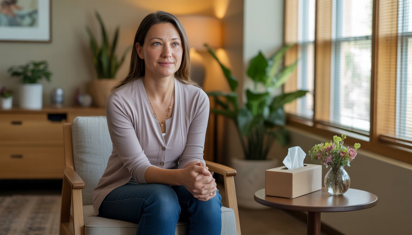 A female therapist sitting in a warm, inviting office with natural decor and sunlight coming through a window.