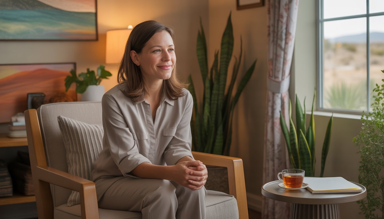 A female therapist sitting in a comfortable chair in a softly lit office with plants and southwestern decor, creating a calm and supportive atmosphere.