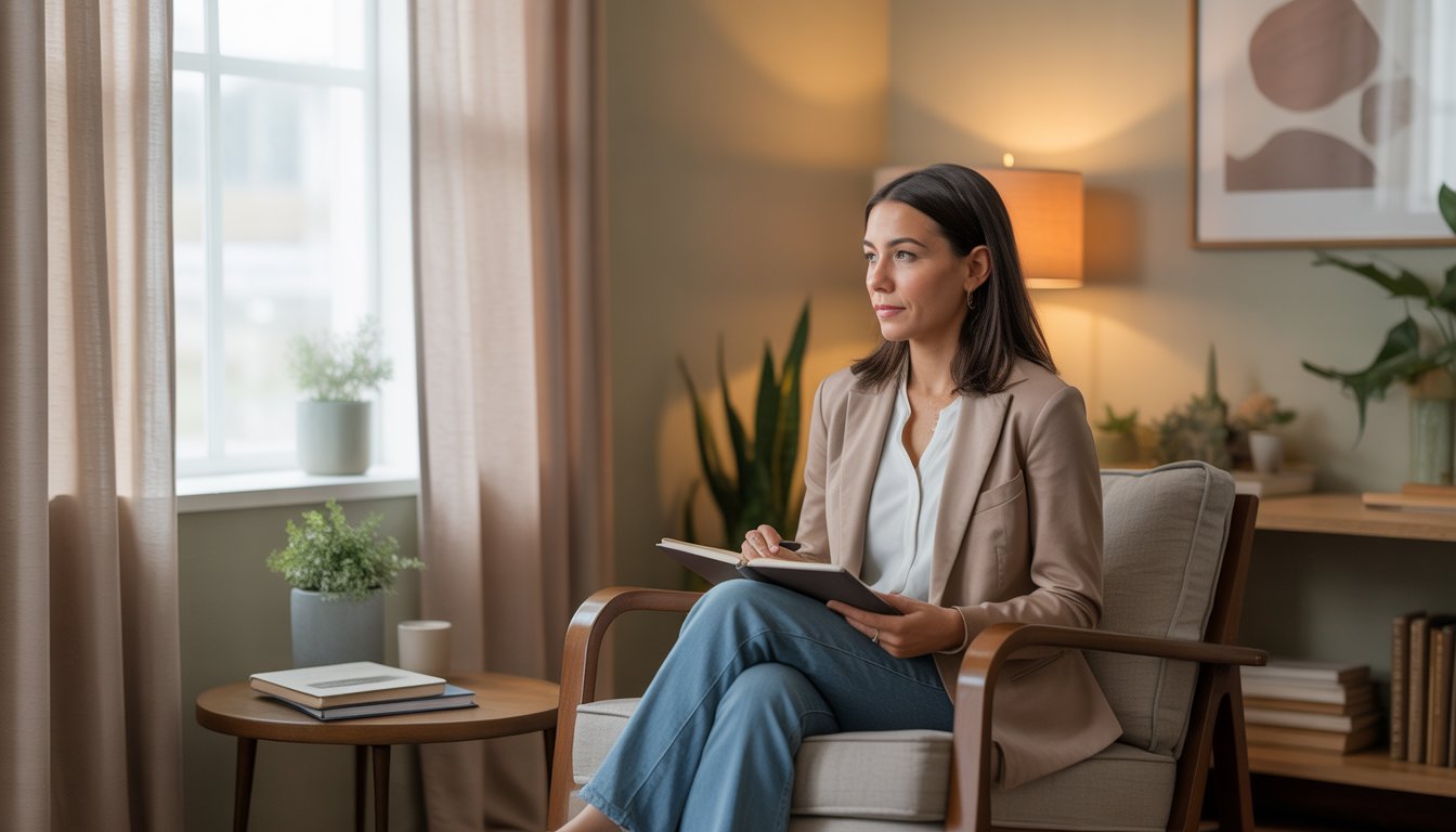 A compassionate female therapist sitting in a cozy, softly lit therapy office, ready to provide support.