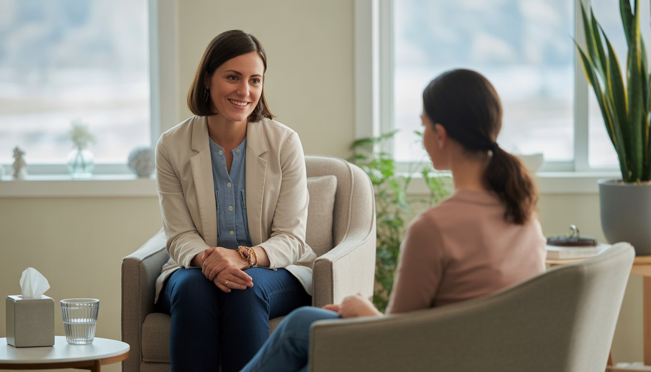 A female therapist attentively listening to a female patient in a bright, calming therapy room.