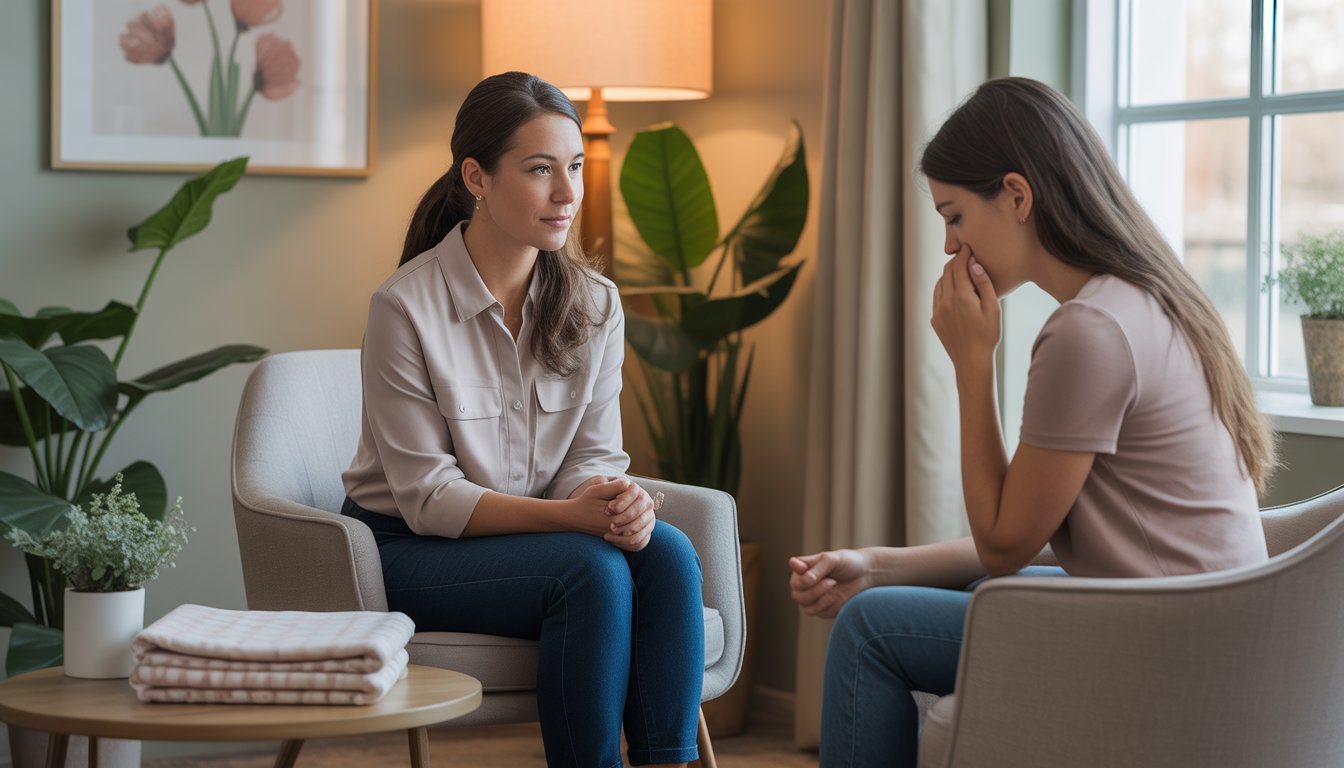 A female therapist attentively listening to a young woman in a warm, softly lit office with plants and calming decor.