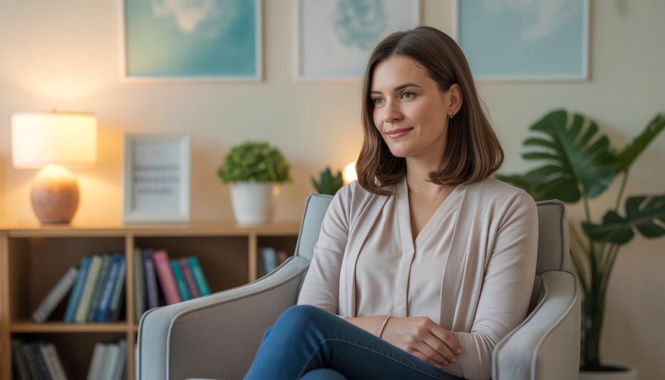 A female therapist sitting in a bright office, attentively listening with a warm smile, surrounded by books and plants.