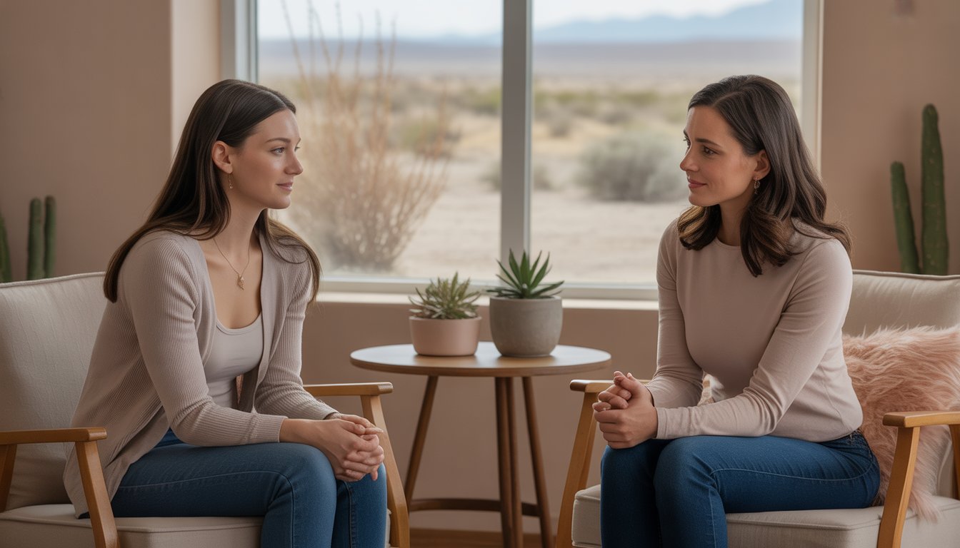 A female therapist and a woman having a supportive counseling session in a cozy office with desert scenery visible outside.
