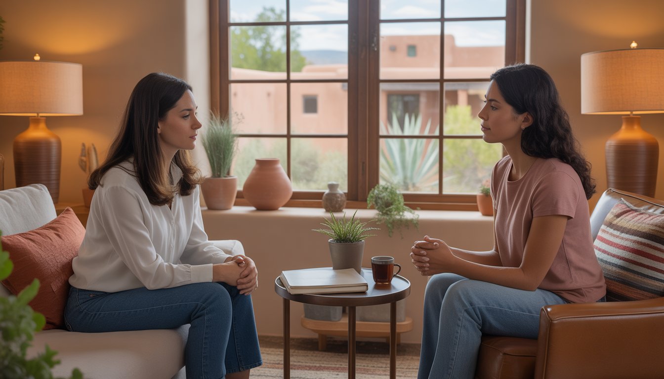 A female therapist attentively listening to a woman in a cozy therapy room with southwestern decor and natural light.
