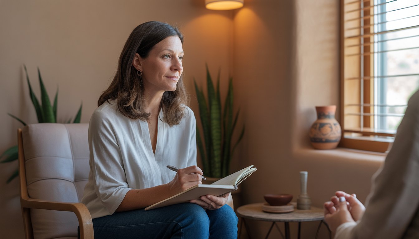 A therapist sitting in a warm office with Southwestern decor, listening attentively and ready to provide support.