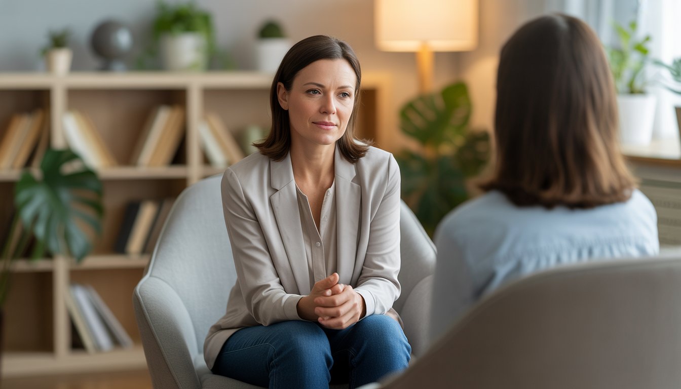 A female therapist sitting in a comfortable office, listening attentively with a calm and caring expression.