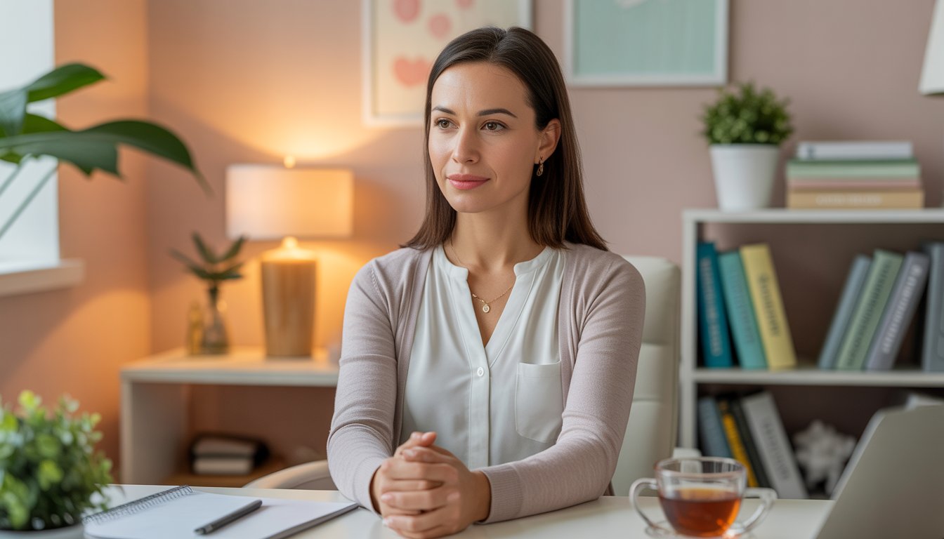 A female therapist sitting in a warmly lit office, looking calm and compassionate, with a bookshelf and plants in the background.