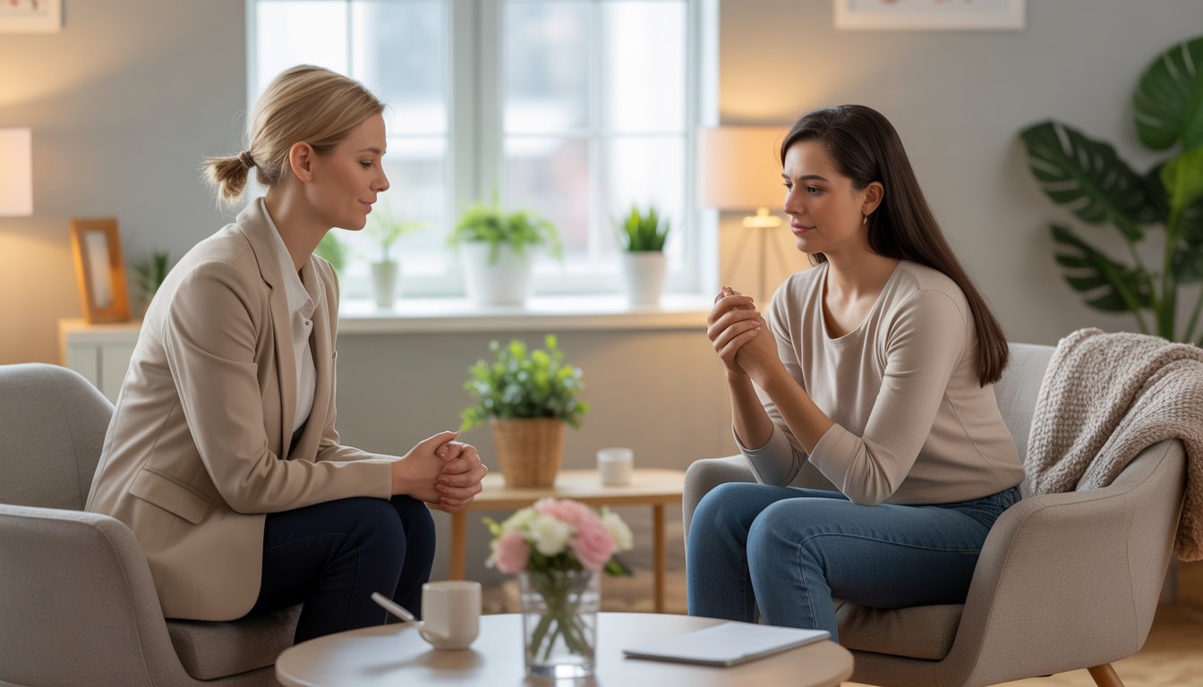 A therapist and a woman having a supportive conversation in a bright, comfortable office.