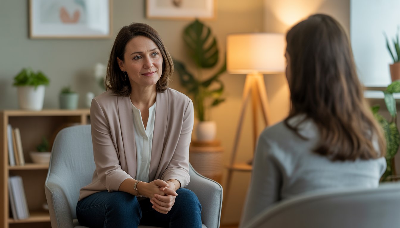 A female therapist sitting in a comfortable office, looking compassionate and attentive.