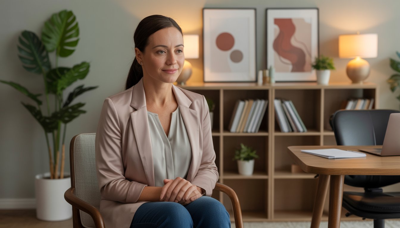 A female therapist sitting in a comfortable office with warm lighting, surrounded by plants, books, and artwork, looking calm and approachable.