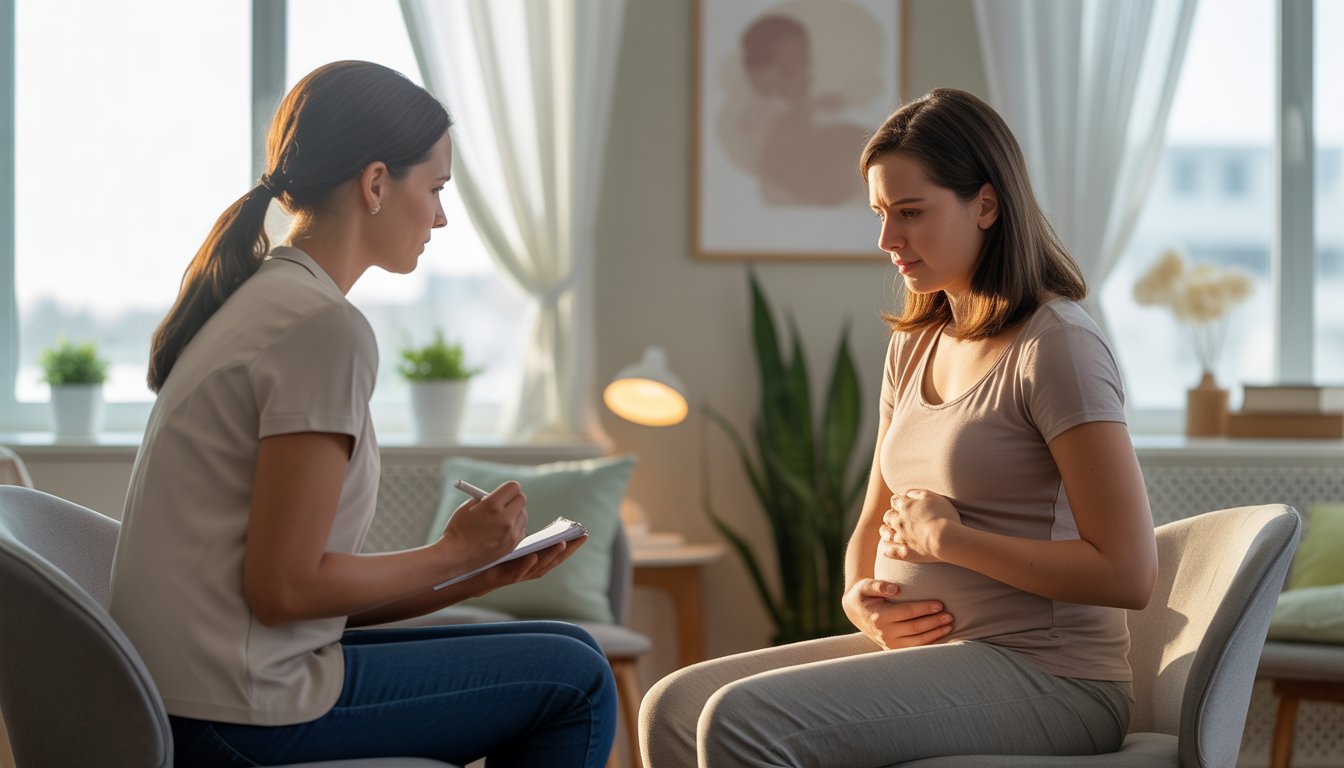 A therapist attentively listens to a woman in a counseling room, offering support during pregnancy care.