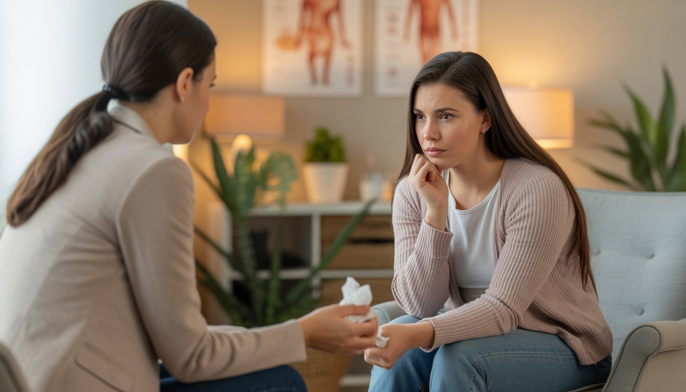A female therapist attentively listening to a young woman in a calm counseling room, providing support during a perinatal wellness session.