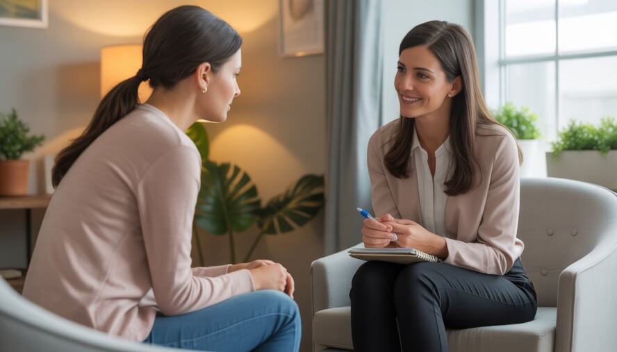 A female therapist attentively listening to a young woman client in a cozy counseling office.