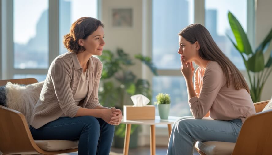 A female therapist attentively listening to a young woman in a bright, comfortable therapy office with a view of a city skyline.