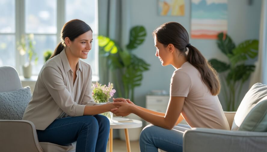 A female therapist gently holding the hands of a young woman in a bright, comforting counseling office.