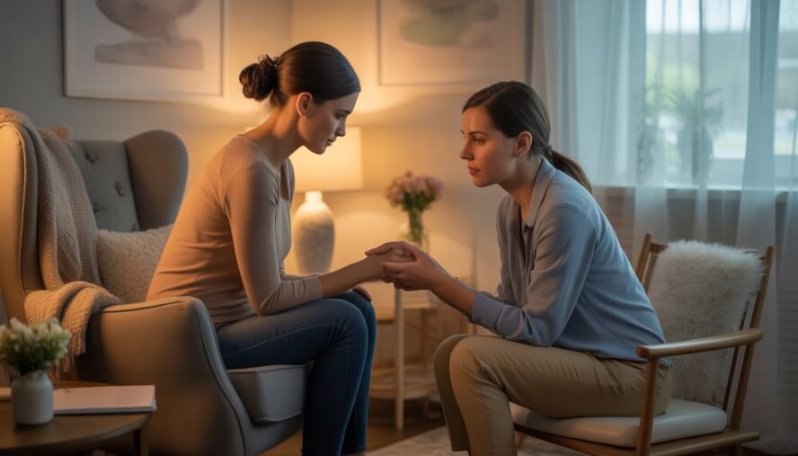 A therapist gently holding the hand of a grieving woman in a cozy office, offering support and comfort.