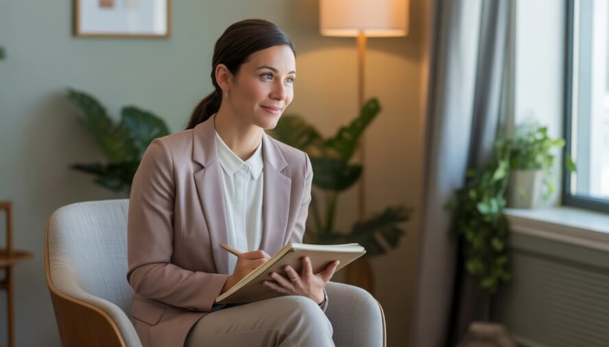 A female therapist sitting in a comfortable office, smiling gently and ready to listen.