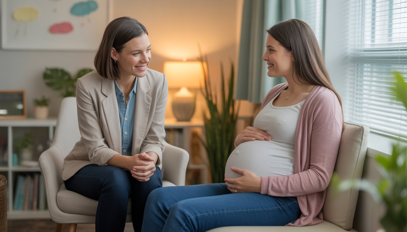 A female therapist attentively supporting a pregnant woman in a bright and comfortable counseling office.