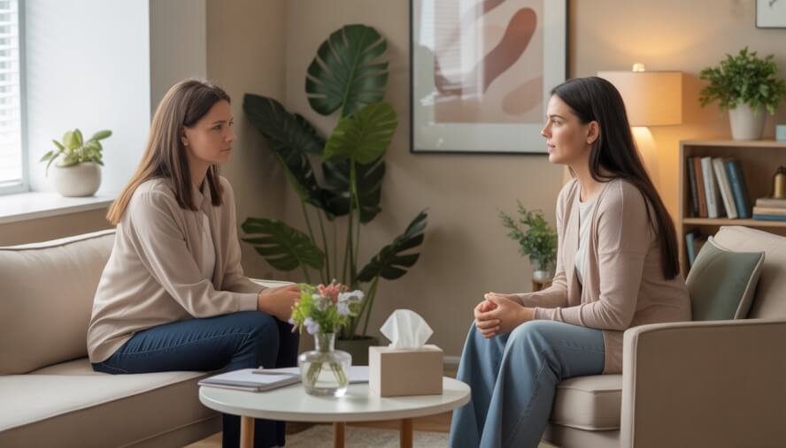 A female therapist attentively listening to a young woman in a comfortable, softly lit therapy office.