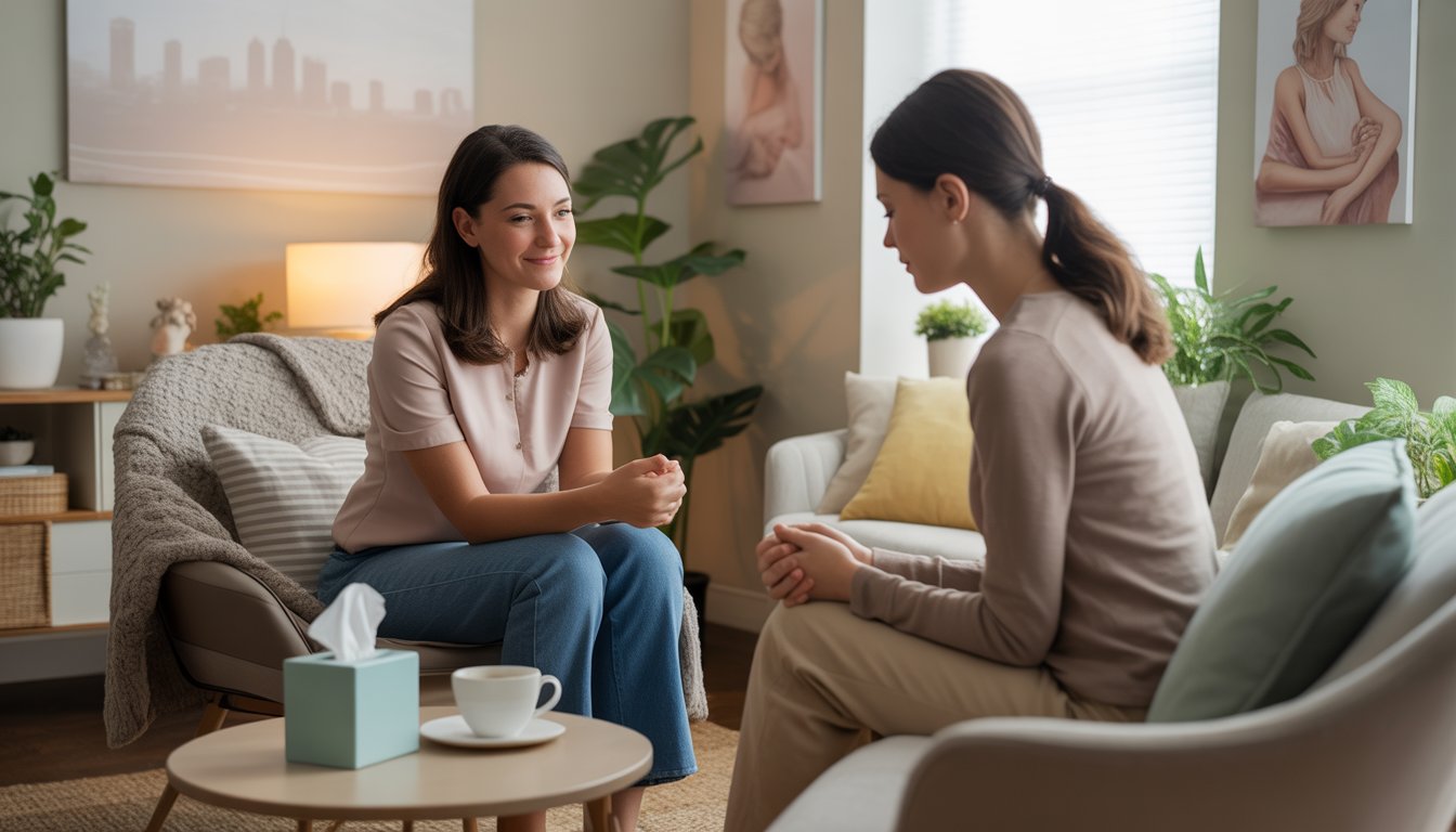 A female therapist attentively listening to a young woman in a cozy therapy office with soft natural light and calming decor.